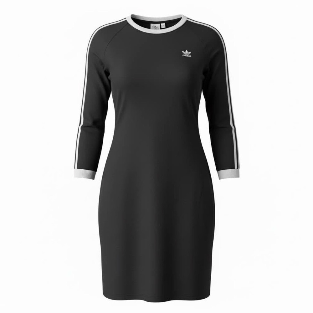 adidas Black Long Sleeve Crewneck Dress with White Stripe Trim